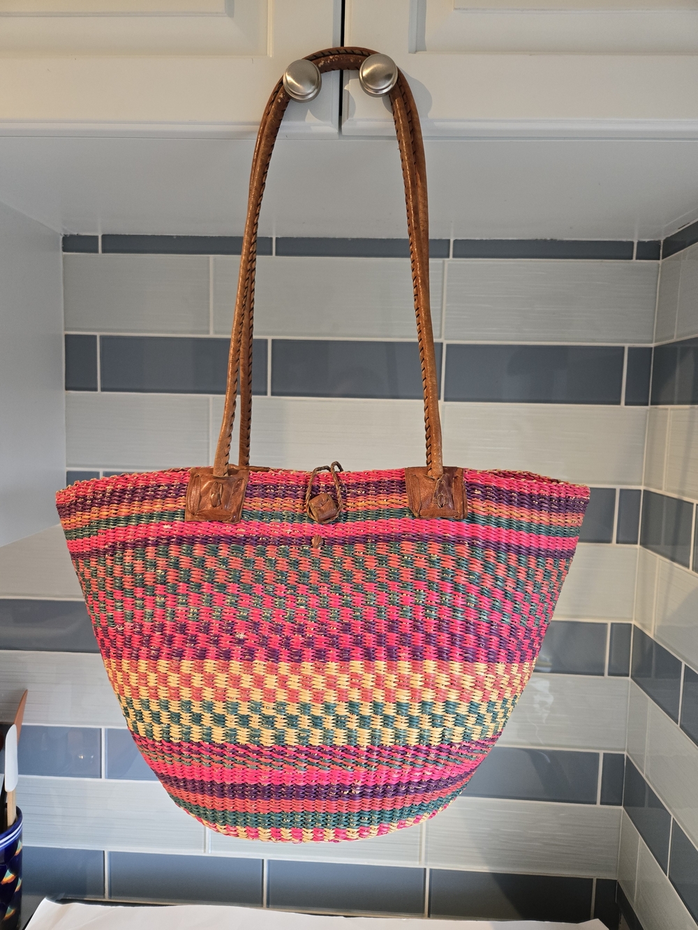 Handwoven Multicolor Straw Tote Bag with Brown Leather Handles